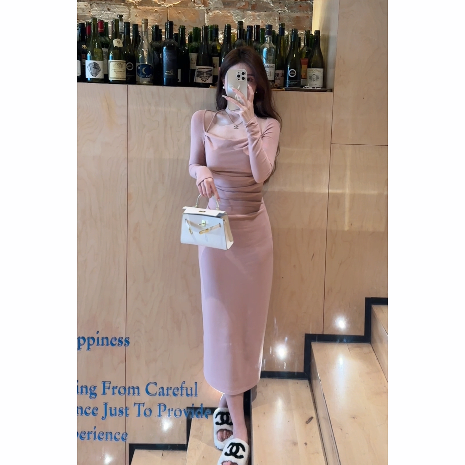 【连衣裙】2023秋冬新款气质挂脖可一字肩 修身显瘦长款连衣裙A68