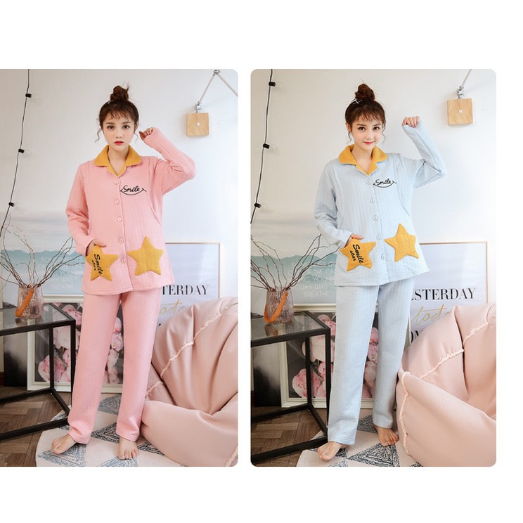 孕妇秋冬新款翻领夹棉刺绣星星口袋哺乳家居服