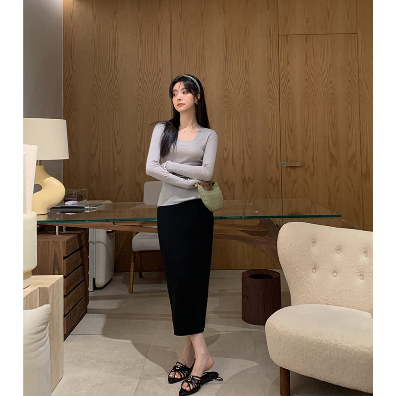 ADA MISS秋冬新款48支羊毛四平工艺遮胯后开叉针织包臀半身裙女