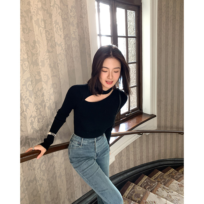 ADA MISS冬2023新款时髦圆领锁骨镂空绵羊毛打底衫针织修身上衣女