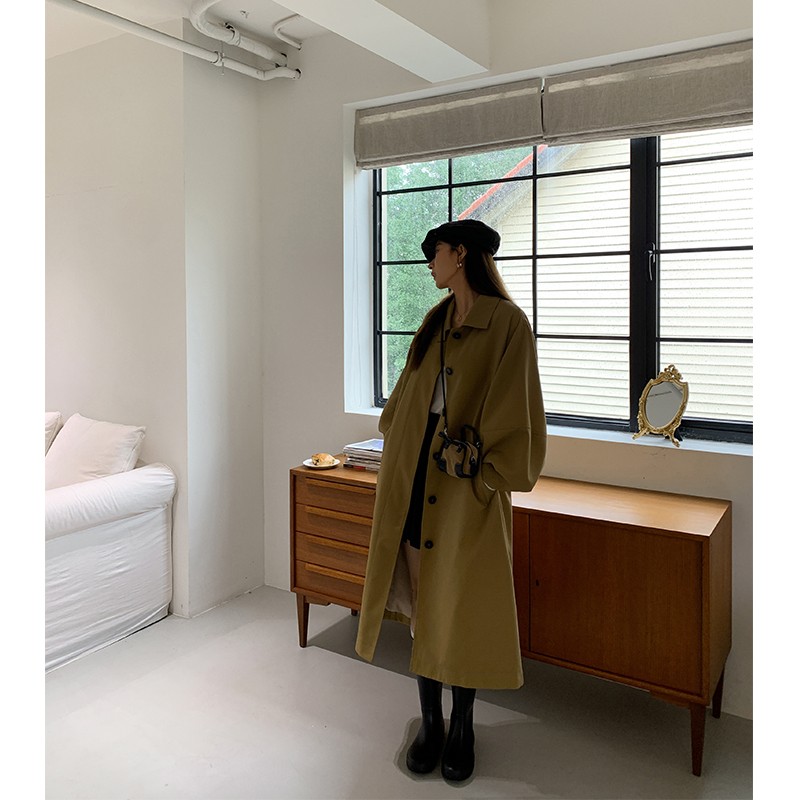 ADA MISS秋2023新款气质灯笼袖斜纹立体廓形中长款风衣宽松外套女