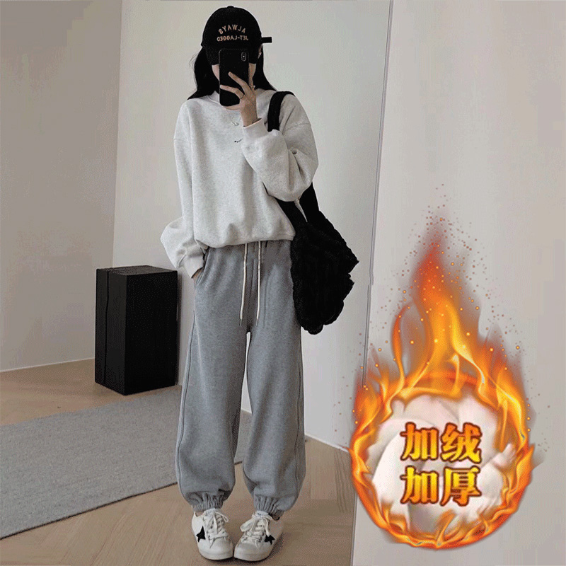 高含棉2023年冬韩版简约宽松百搭加绒加厚圆领卫衣女+卫裤两件套