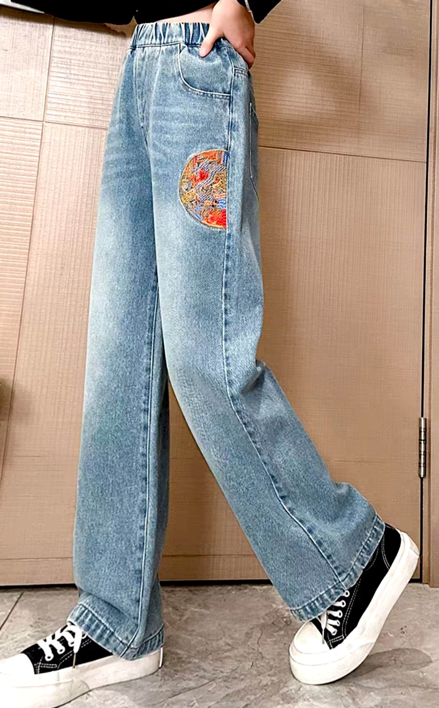 牛仔裤女童阔腿裤春秋款2024春装中小大童时髦洋气直筒儿童裤子