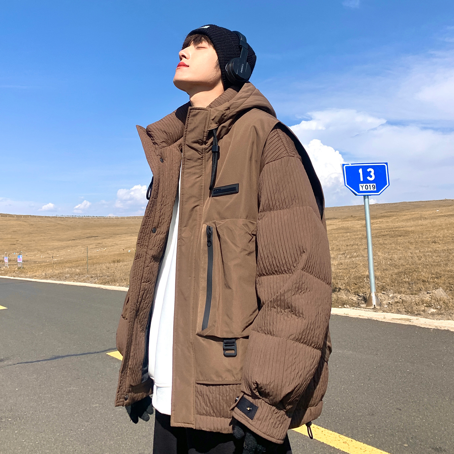 假两件羽绒服男2023冬季新款潮流行加厚白鸭绒痞帅宽松面包服外套