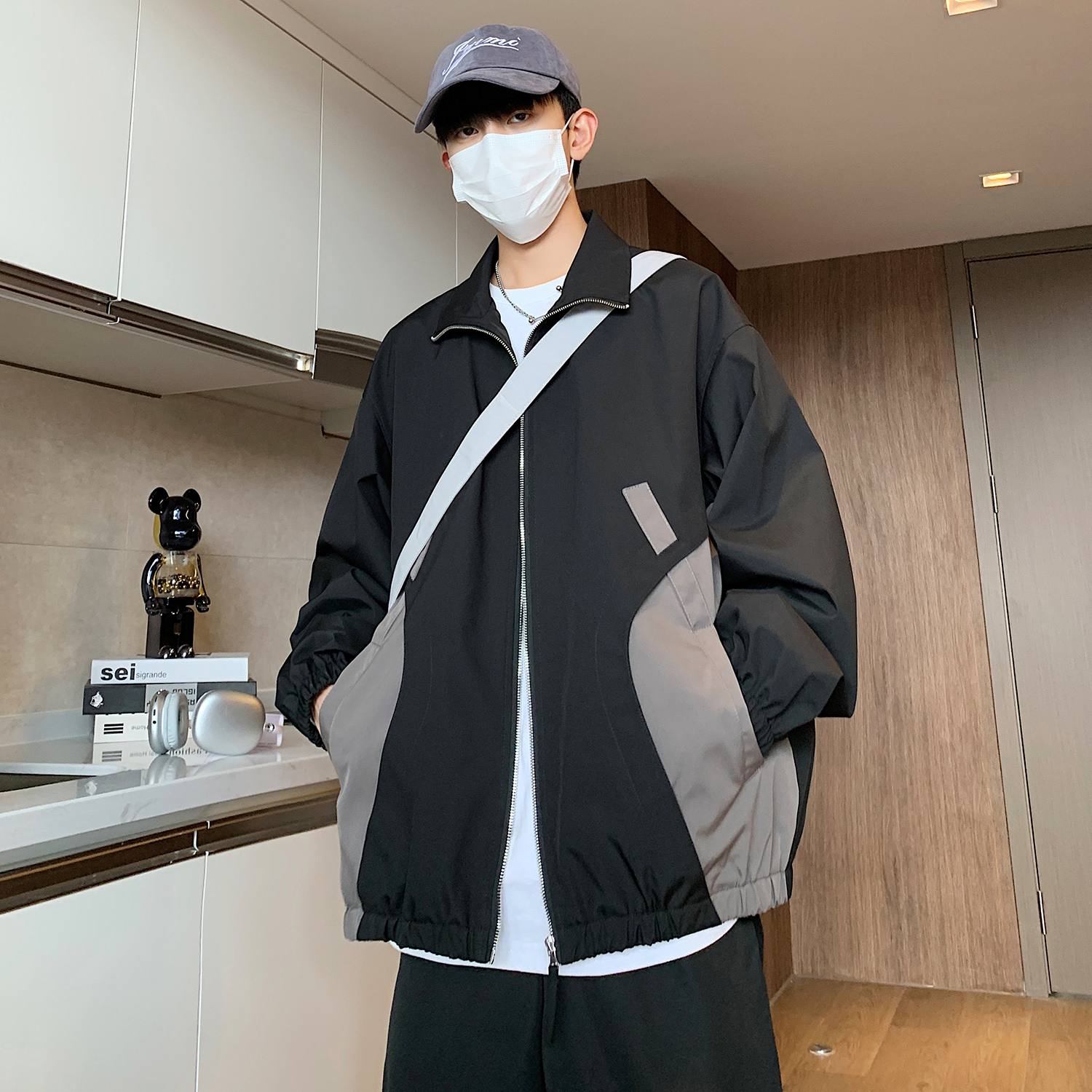 小黑黑Ann  秋装装新款口袋拼色外套休闲夹克外套男情侣ins宽松