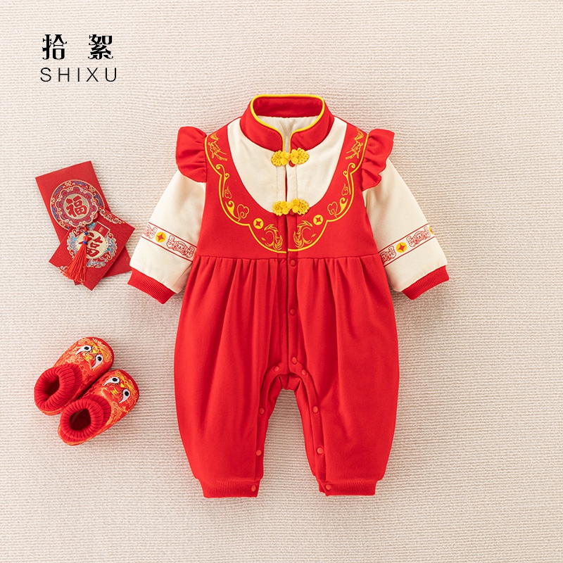 婴儿衣服秋冬装外出抱衣加绒连体衣新年套装女宝宝喜庆红色拜年服