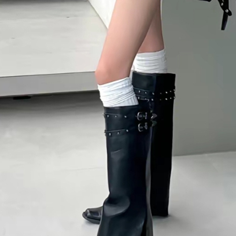 刺绣辣妹皮带扣裤管靴女2023年新款粗跟显瘦骑士靴西部牛仔靴