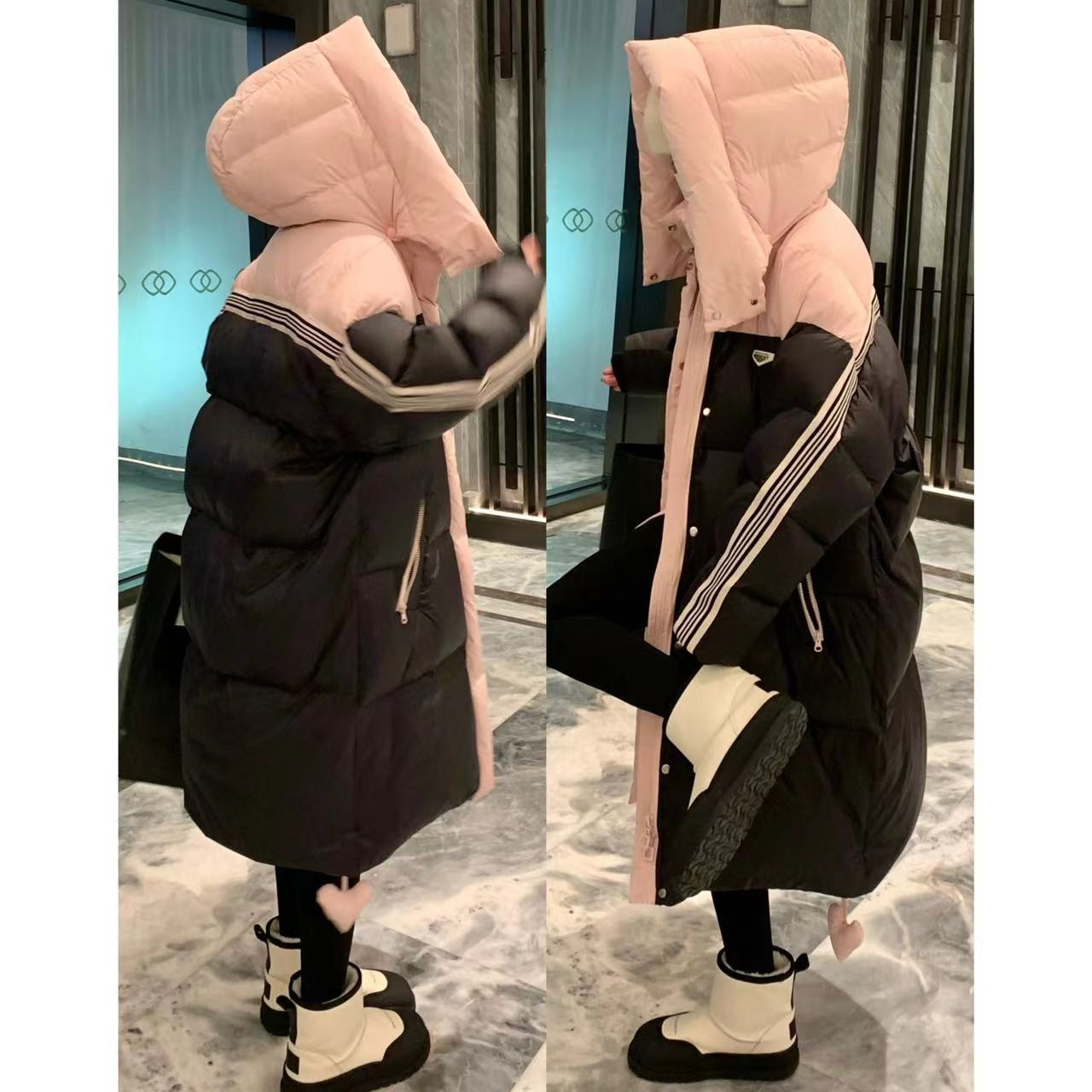 女明星拍戏穿的韩系拼色长款鹅绒服