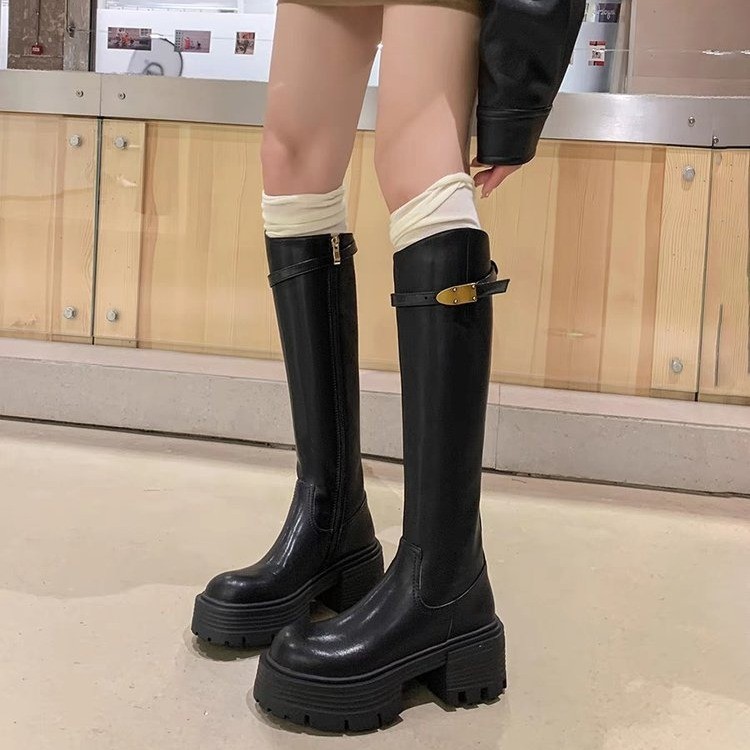 骑士靴女高筒2023年新款厚底小个子显瘦长靴潮高跟圆头百搭长筒靴