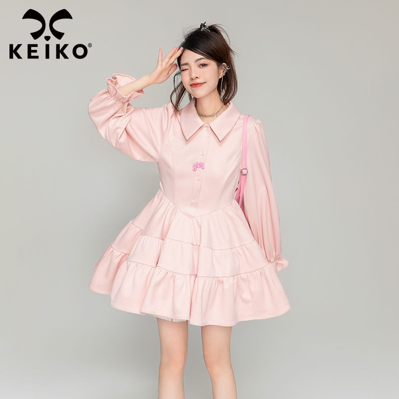 KEIKO 甜妹减龄polo领连衣裙2023秋季学院风粉色小个子显瘦A字裙