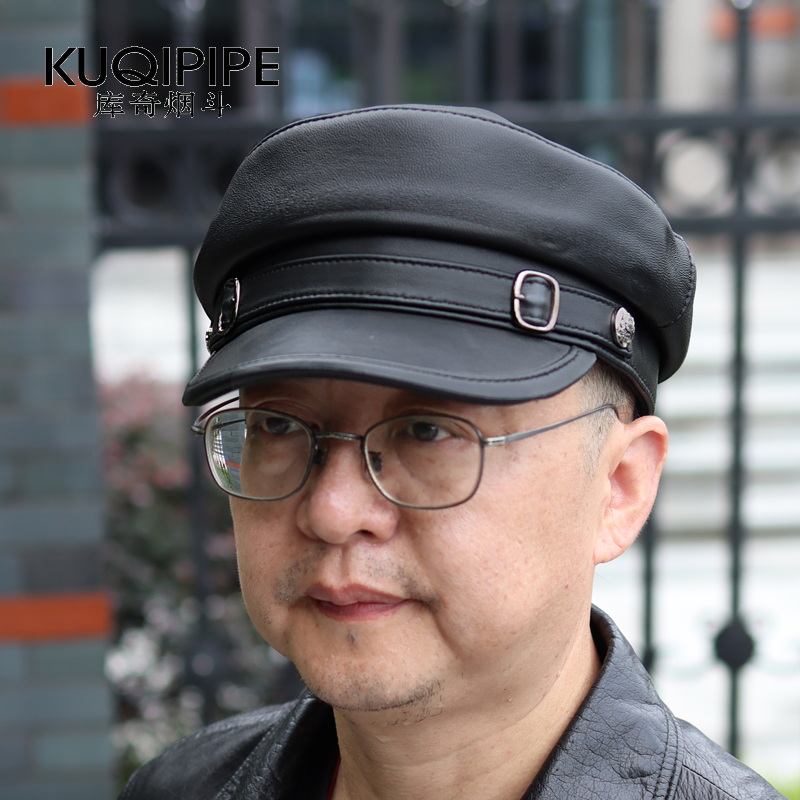 真皮平顶帽子男女韩版中年羊皮秋冬时尚潮英伦海军帽休闲薄款鸭舌
