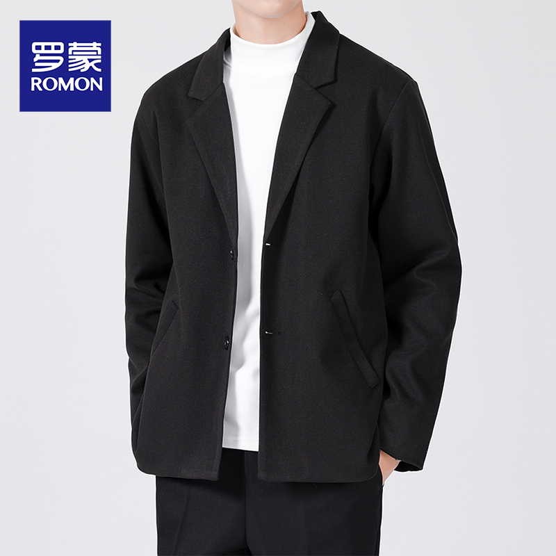 罗蒙毛呢西装外套男春秋高级感潮流商务休闲西服男士韩版宽松大衣