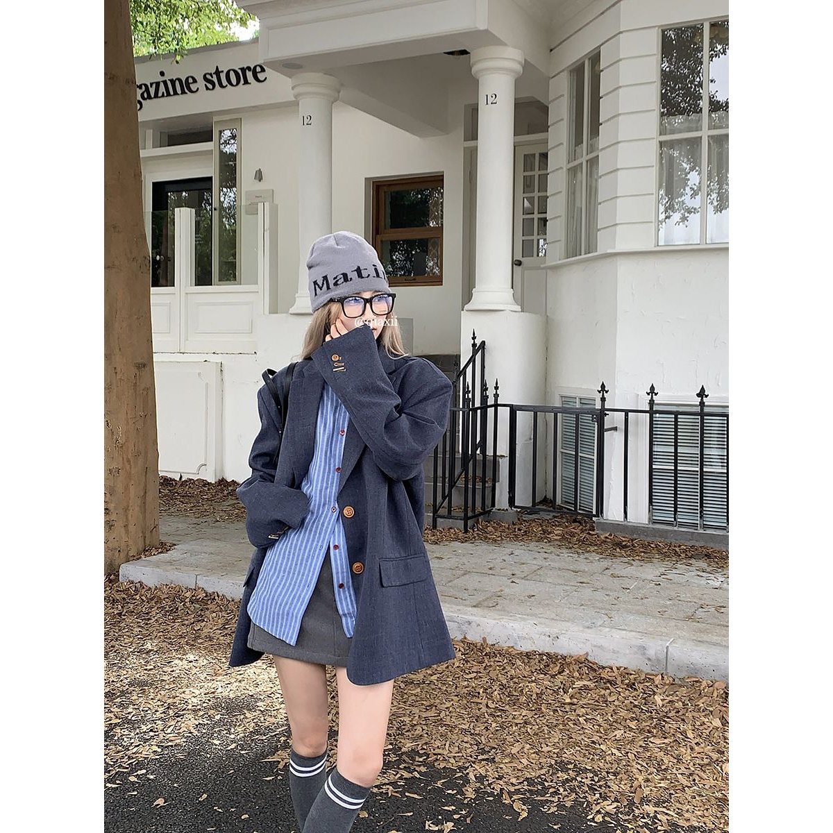 学院风套装西装领外套女条纹衬衫韩版2024春季半身裙包臀裙骑行套