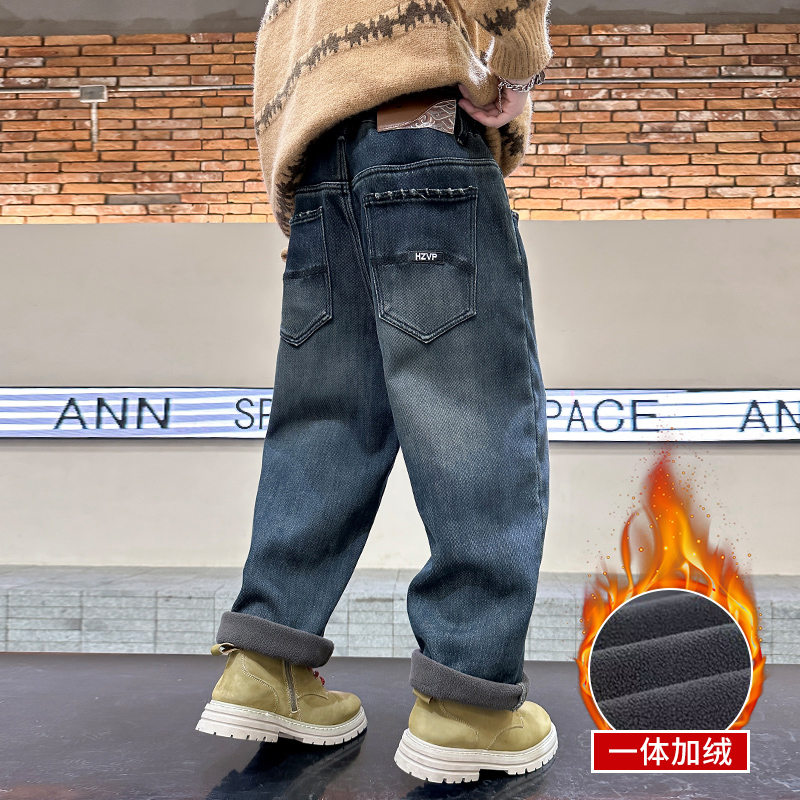 男大童加绒牛仔裤秋冬2023中大童休闲长裤儿童一体绒裤子加厚冬季