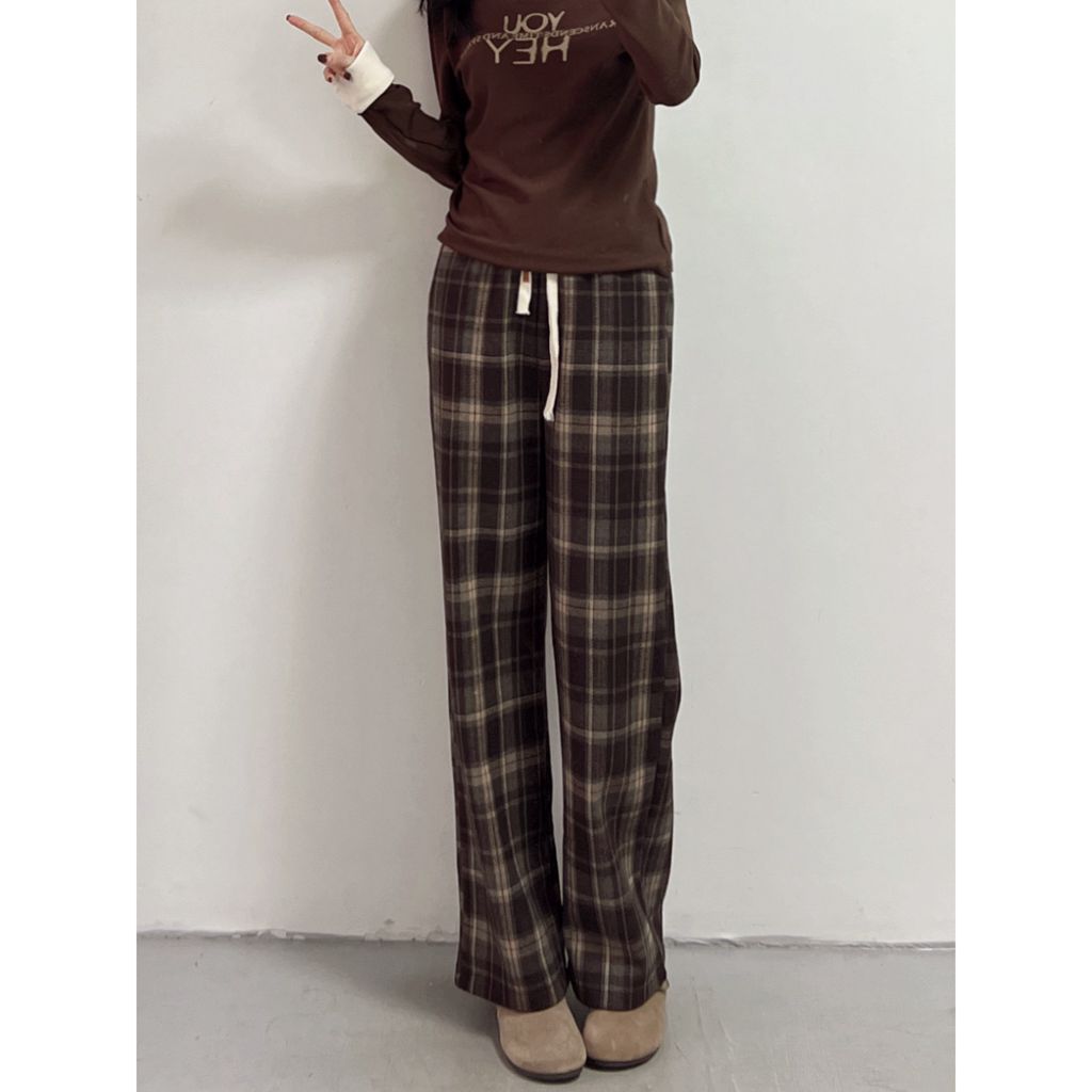 蓝羽老板娘  加绒加厚冬季格子裤直筒阔腿长裤