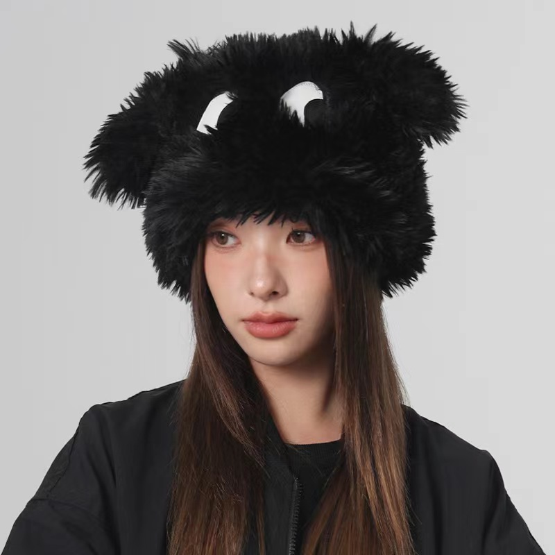 可爱大眼小狗冬天毛茸茸帽子女冬季保暖毛绒渔夫水桶帽防寒护耳帽