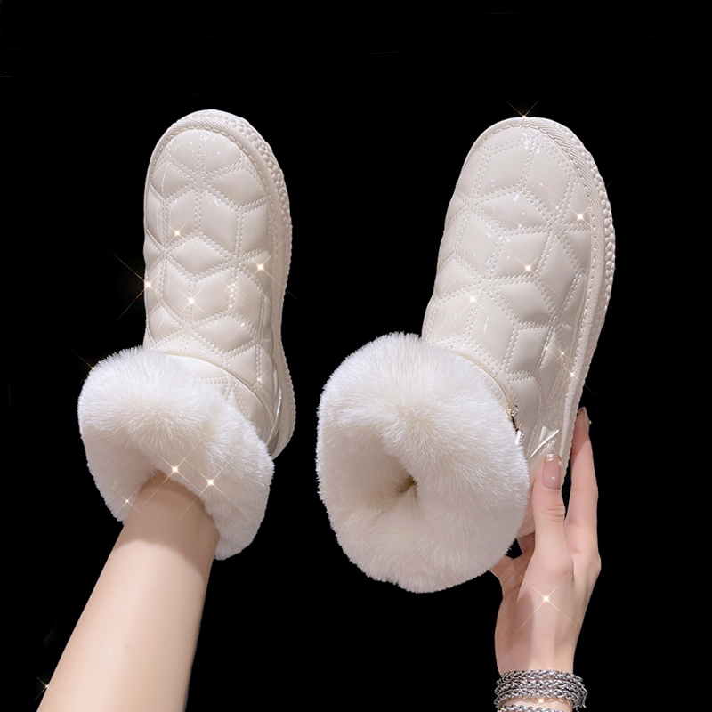 红蜻蜓牌白色雪地靴女冬2023新款可爱短筒加绒加厚保暖棉鞋防水棉