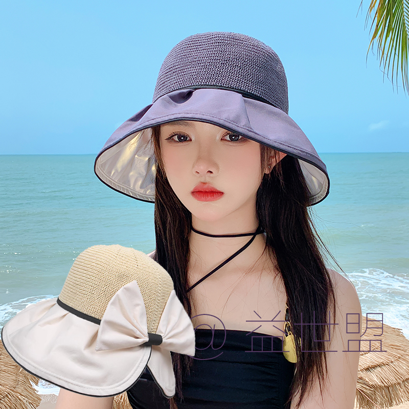 夏季透气防晒渔夫帽女士防紫外线遮脸帽子蝴蝶结大檐显脸小遮阳帽