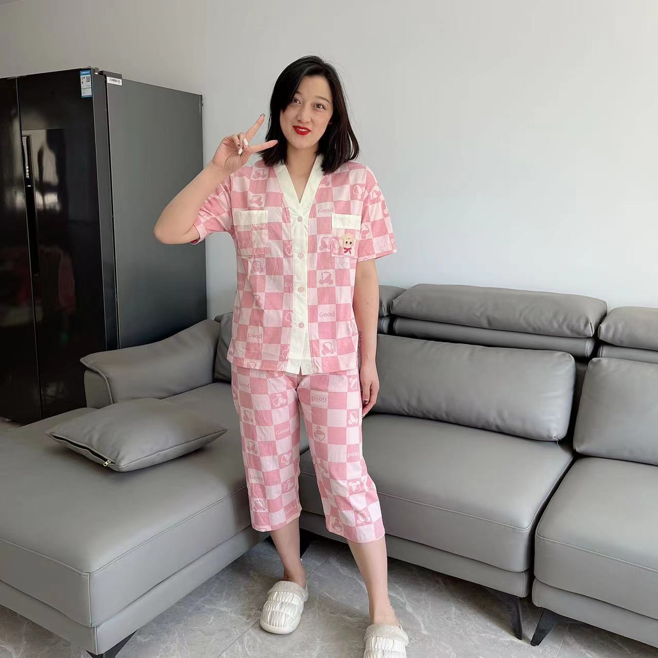 和尚领睡衣女套装 时尚休闲夏季粉色印花薄款宽松家居服纯棉舒适