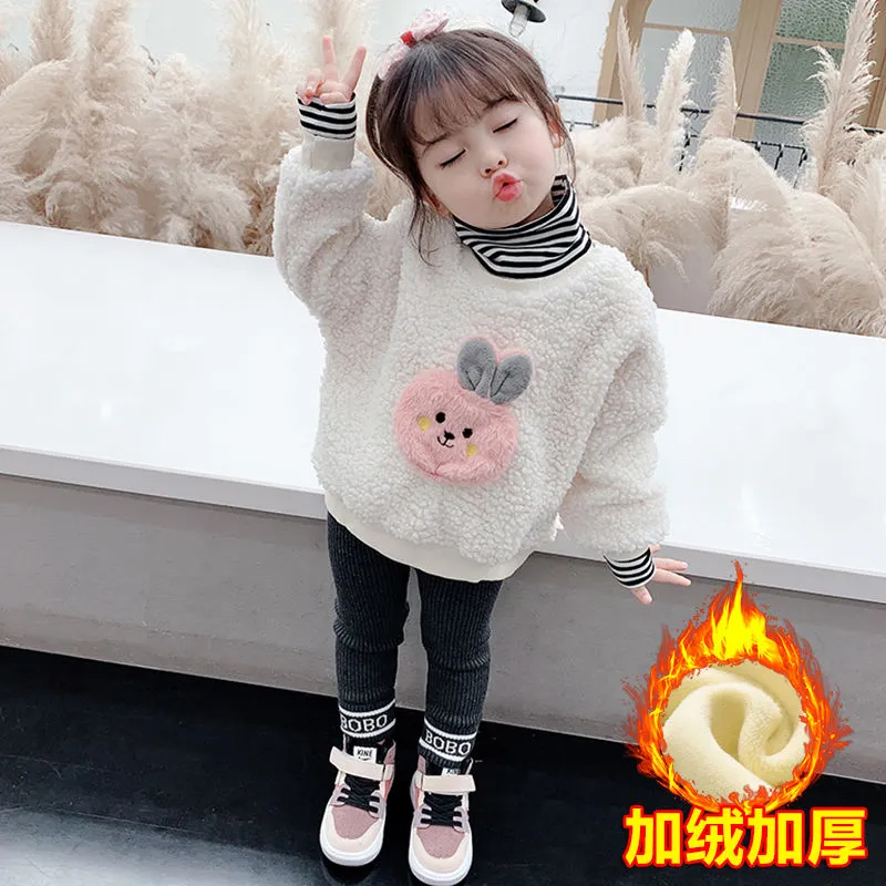 女童加绒卫衣春秋2024新款韩版儿童洋气羊羔绒加厚上衣女宝宝冬装