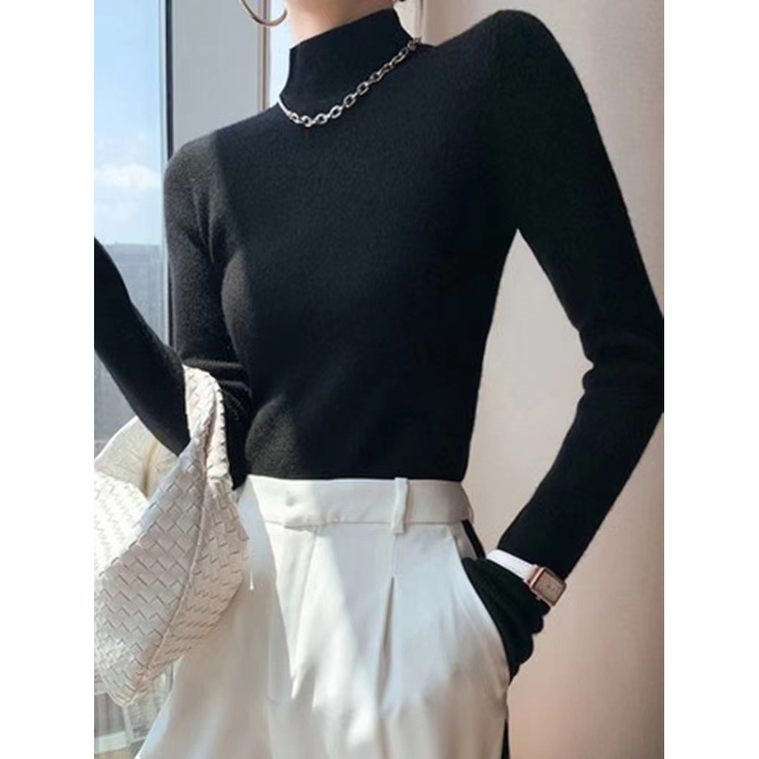 q半高领毛衣打底衫女黑色紧身白色修身中领内搭秋季长袖上衣