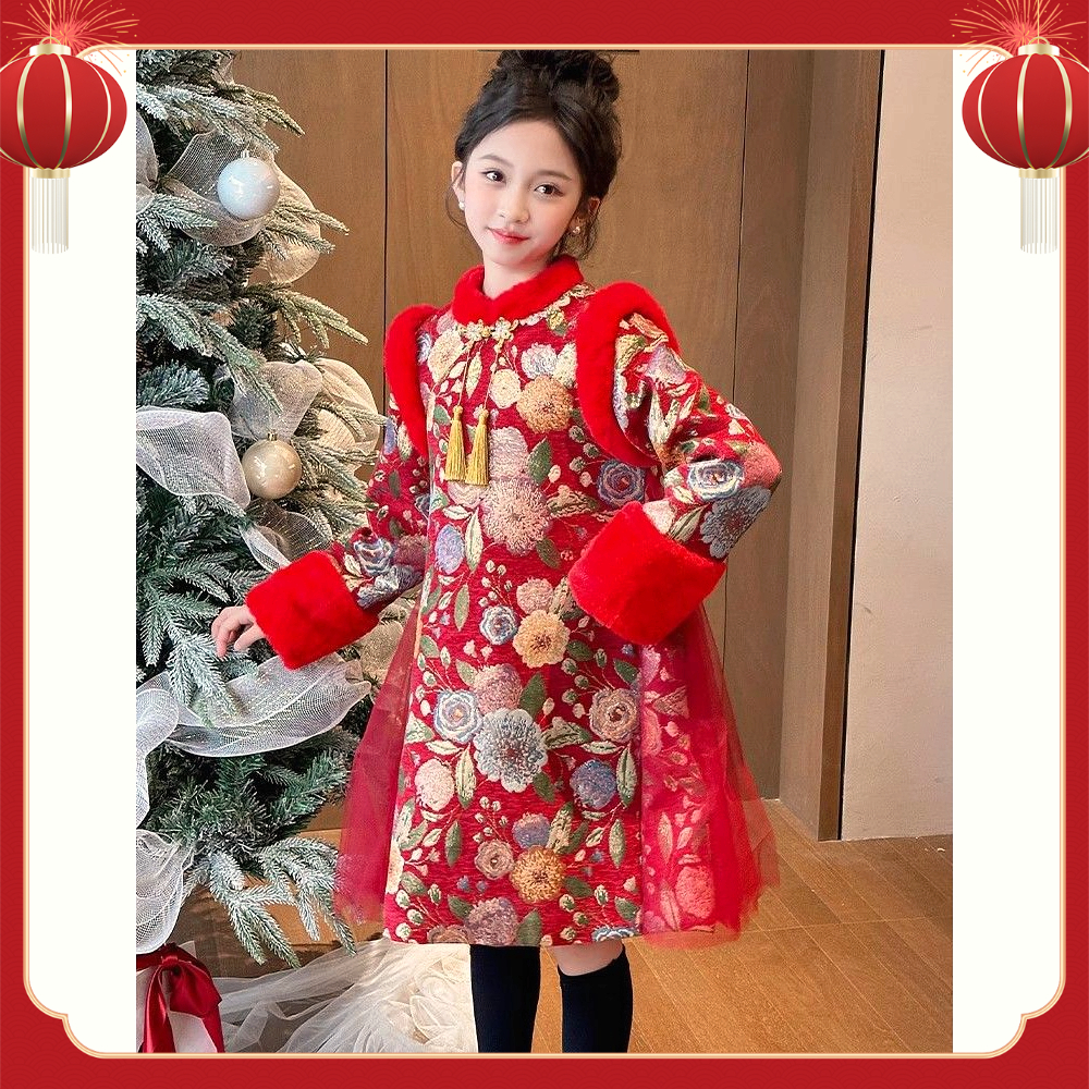 女童汉服连衣裙中国风加绒红色儿童旗袍冬季2024新款宝宝新年衣服