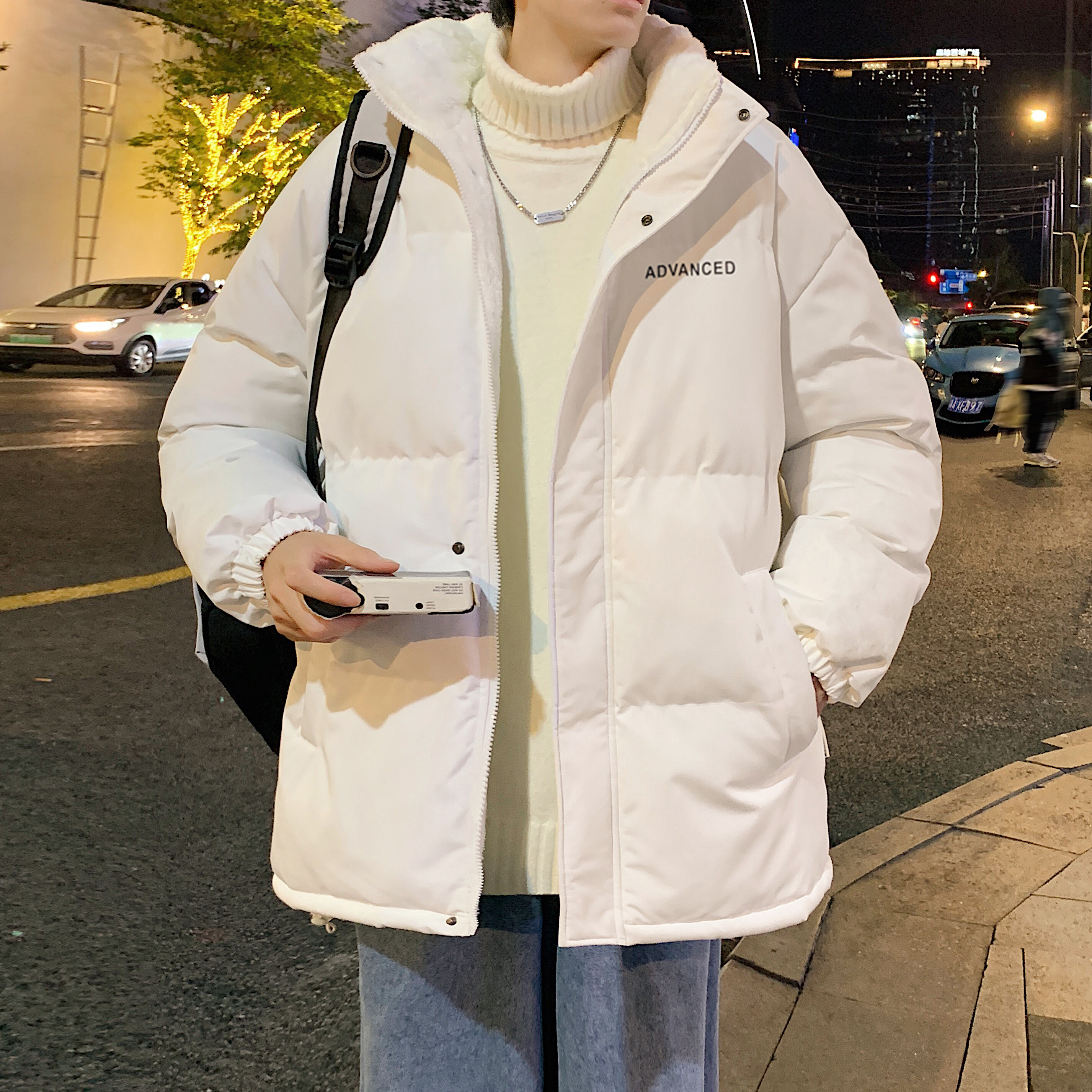 棉衣男士秋冬港风宽松休闲棉服外套韩版印花潮流加厚立领棉袄上衣