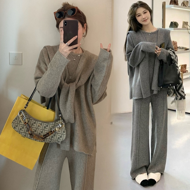 孕妇慵懒风灰色圆领卫衣卫裤套装女秋冬季韩版纯色运动休闲三件套
