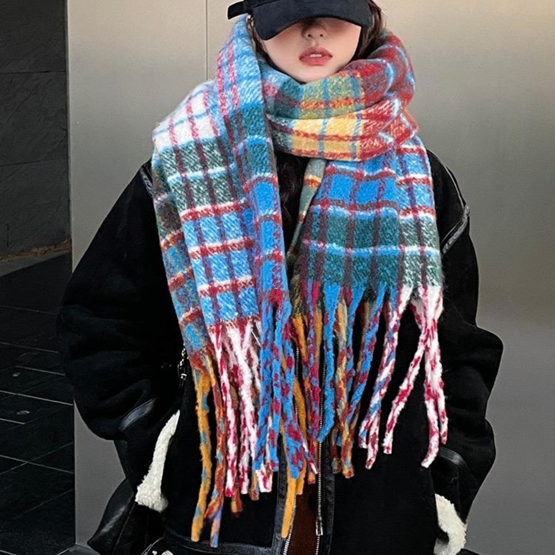 围巾女秋冬保暖季网红爆款奇妙国国同款高颜值2023新款双面彩虹色