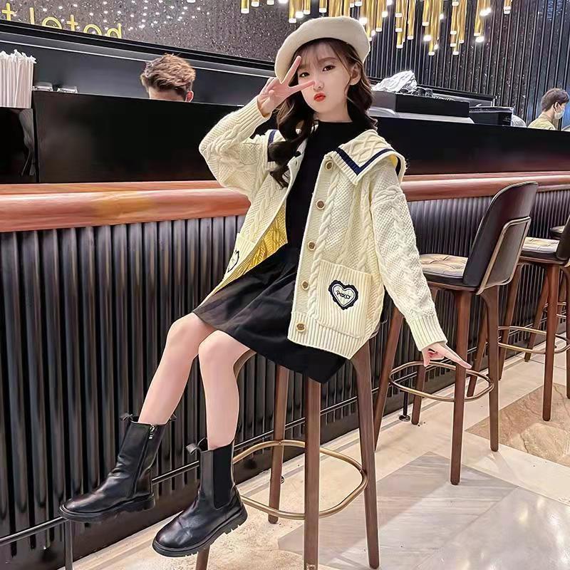 女童新款开衫2023春秋装中大童毛衣洋气学院针织衫女孩外套上衣潮