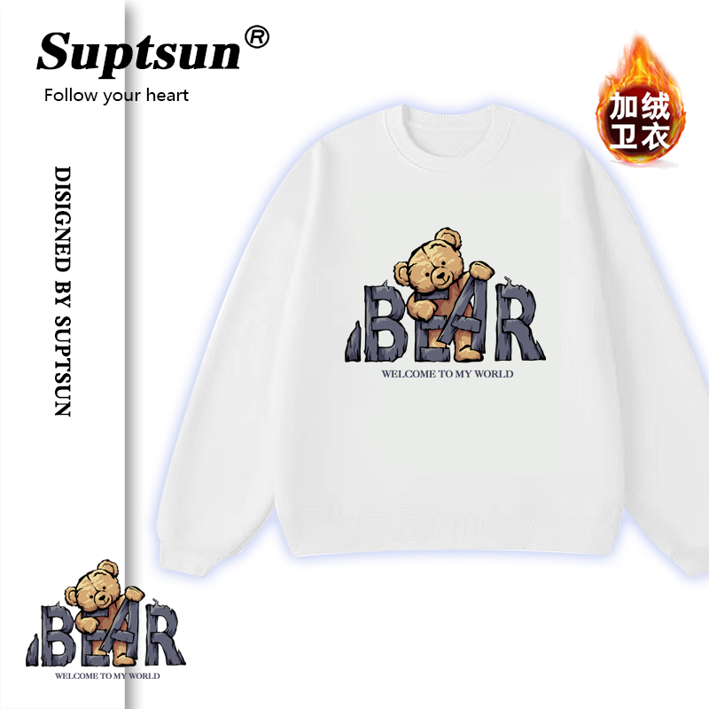 冬季新款休闲卫衣男女同款加绒圆领套头印花设计感百搭-BE侧熊