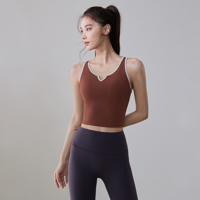 高弹罗纹瑜伽背心女固定杯跑步外穿运动内衣健身训练普拉提上衣