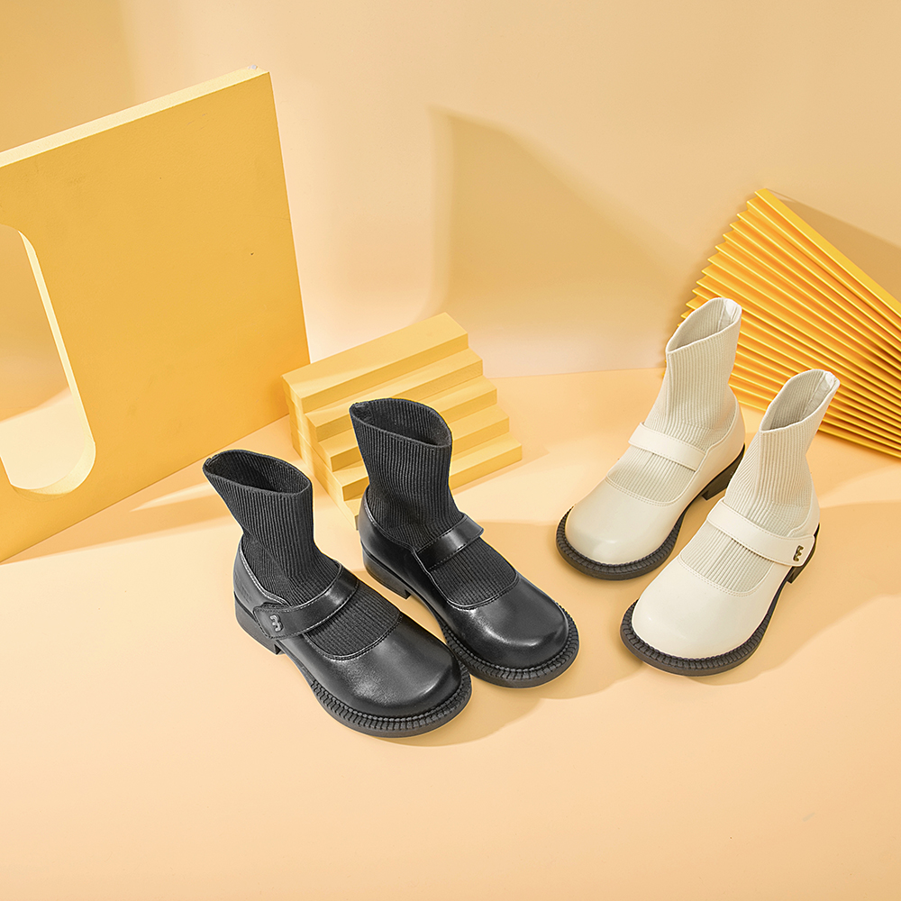 M1&M2儿童童鞋公主袜筒靴春秋女童针织时尚百搭弹力拼接厚底