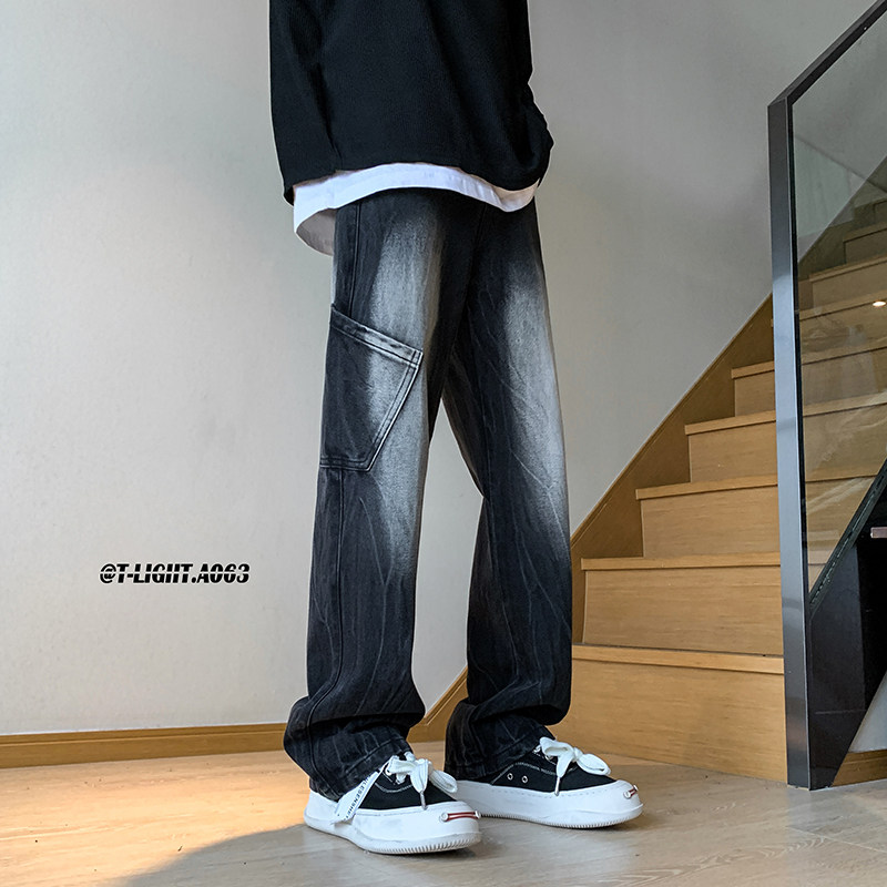扎染渐变黑色工装牛仔裤男春秋美式高街裤子宽松直筒微长裤insins