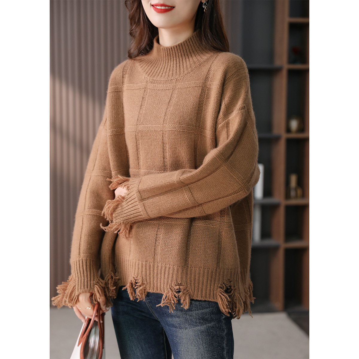 【时尚教主】原形设计感100羊绒毛衣宽松显瘦半高领针织衫U89362