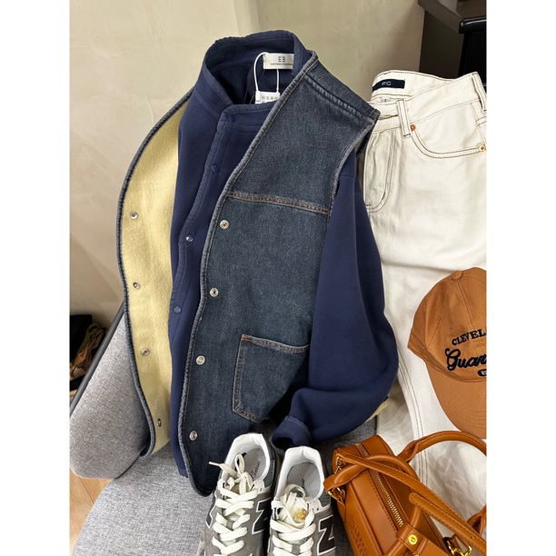 山系 复古文艺腔调羊羔绒牛仔马夹坎肩    14418