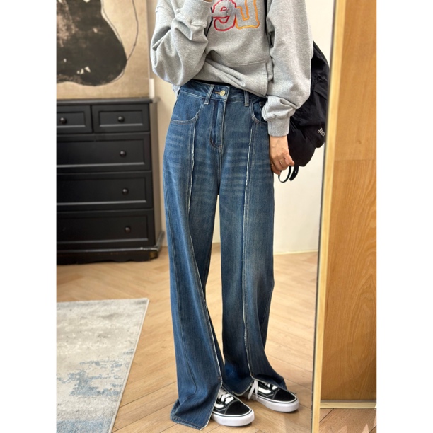 中缝压线设计 复古宽松洗水做旧开衩牛仔裤   13304