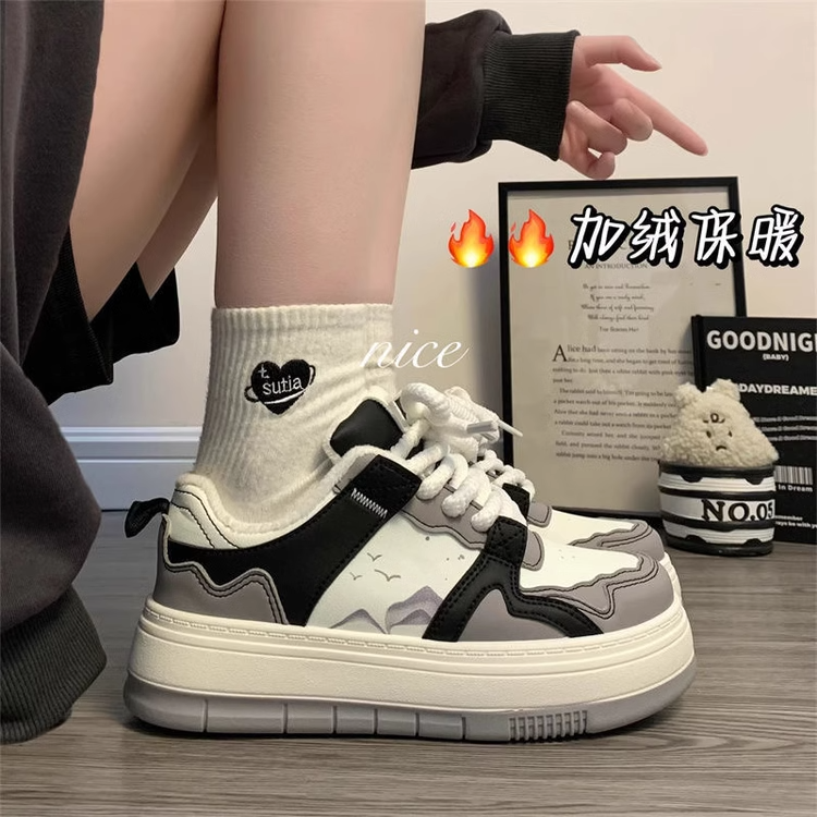 回力潮棉鞋女水墨画小白鞋23秋冬新款百搭厚底加绒二棉面包板鞋女
