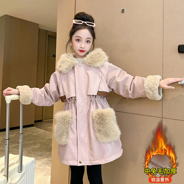 女童加绒皮衣外套秋冬装2023新款大童新年棉服儿童加厚冬季派克服