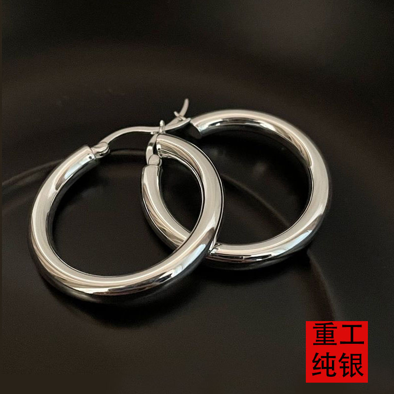 925银耳饰 通体纯银复古重工光面大耳圈耳环女气质百搭轻奢欧美风