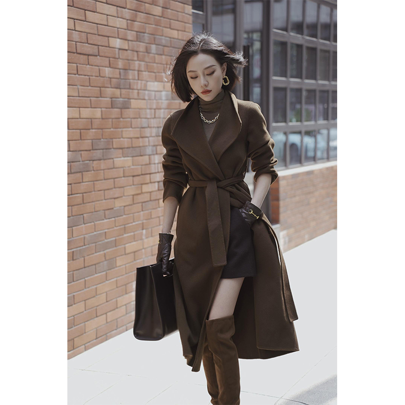 秋冬新款爆款气质大衣气质高级感御姐复古赫本风咖色长款毛呢外套