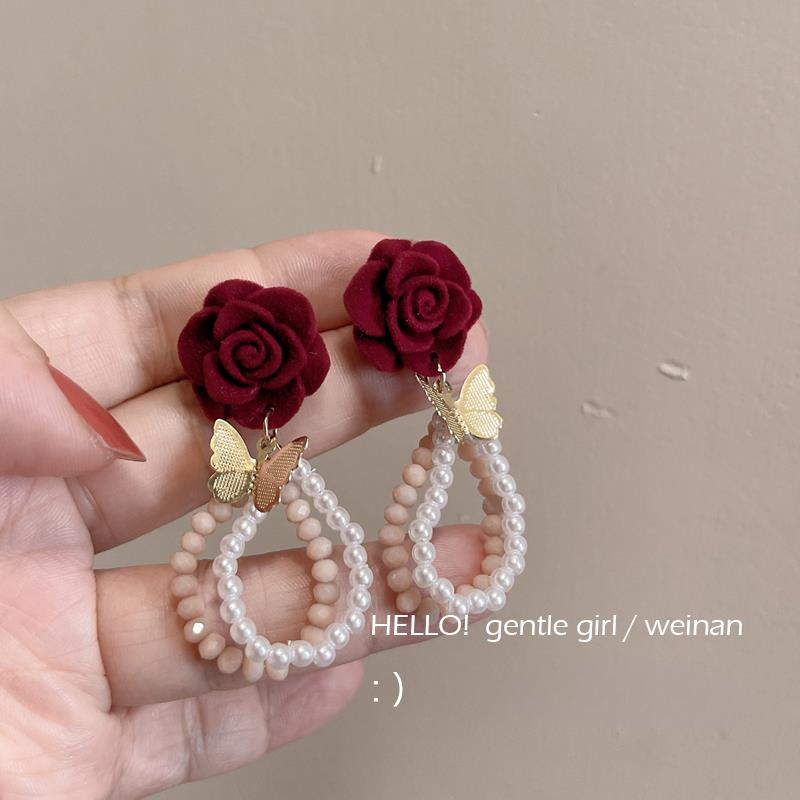 酒红飘红玫瑰小串珠手作耳环秋冬新潮时尚百搭耳饰气质百搭女喜庆