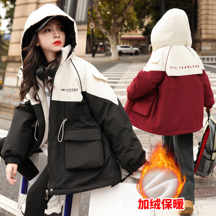 女童外套冬装2023新款韩版洋气加绒加厚派克服大童棉服工装冲锋衣