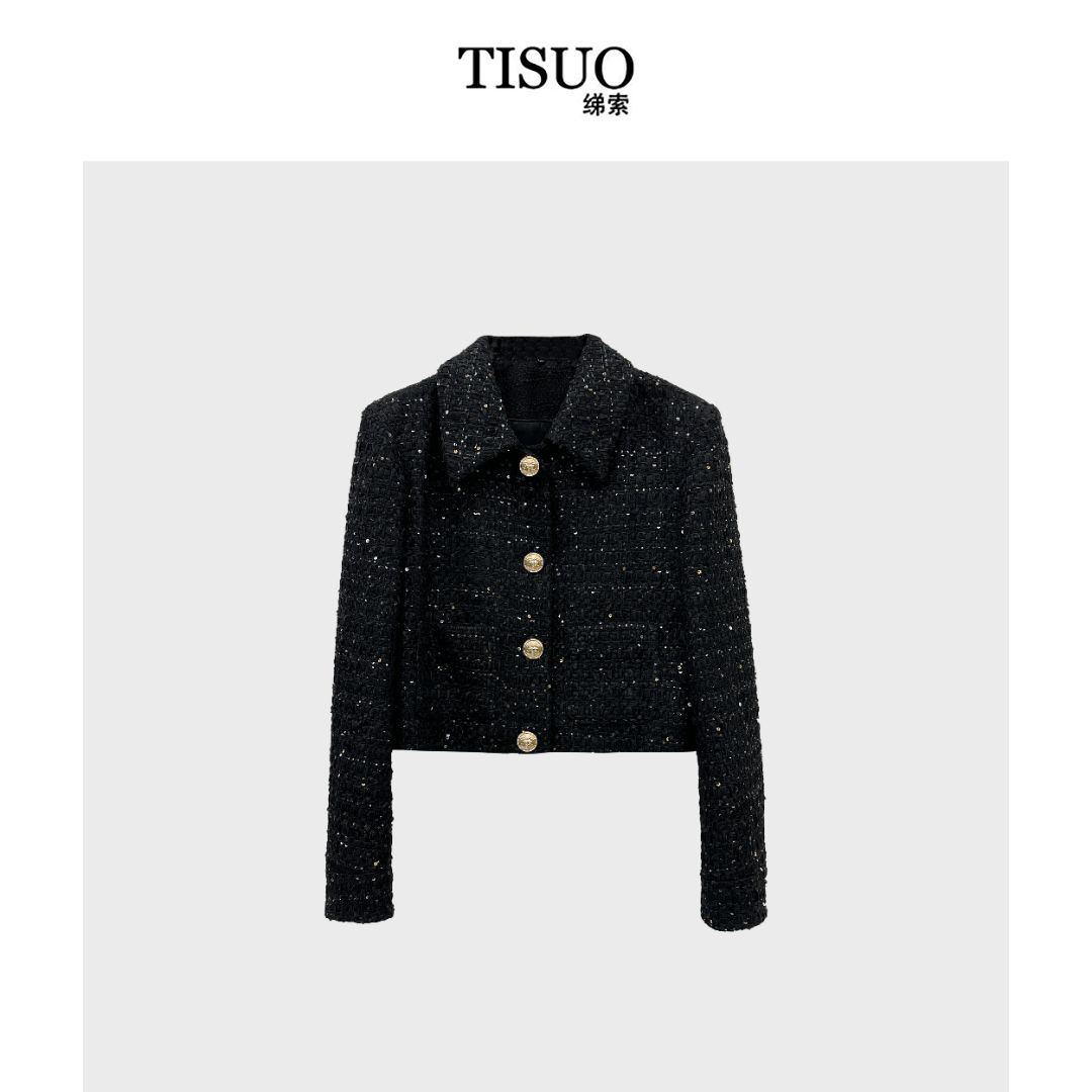 TISUO/绨索 拼色翻领小香亮片编织外套 TS841674