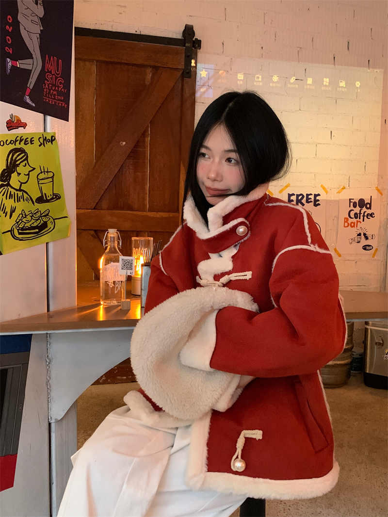 甜酷少女~新款韩版秋冬厚外套宽松一体珍珠扣外套女加厚百搭网红