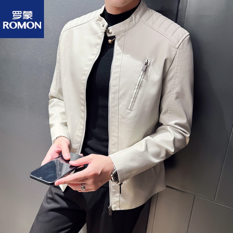 罗蒙皮衣男士外套潮流帅气秋冬新款时尚复古立领休闲机车皮夹克男