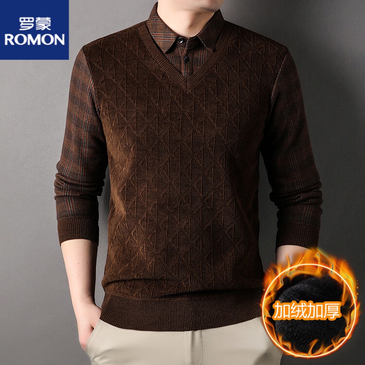 罗蒙加绒加厚男装冬季保暖毛衣男假两件针织衫中年爸爸装打底衫