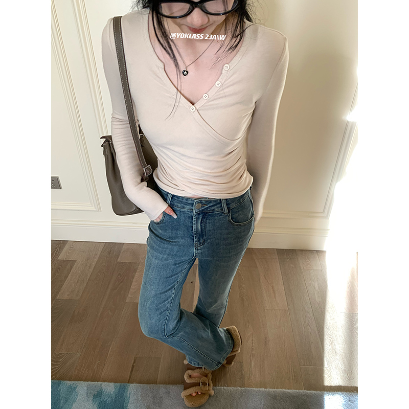 王少女的店【现现】蓝色修身微喇牛仔裤通勤百搭显瘦长裤 H07708S33