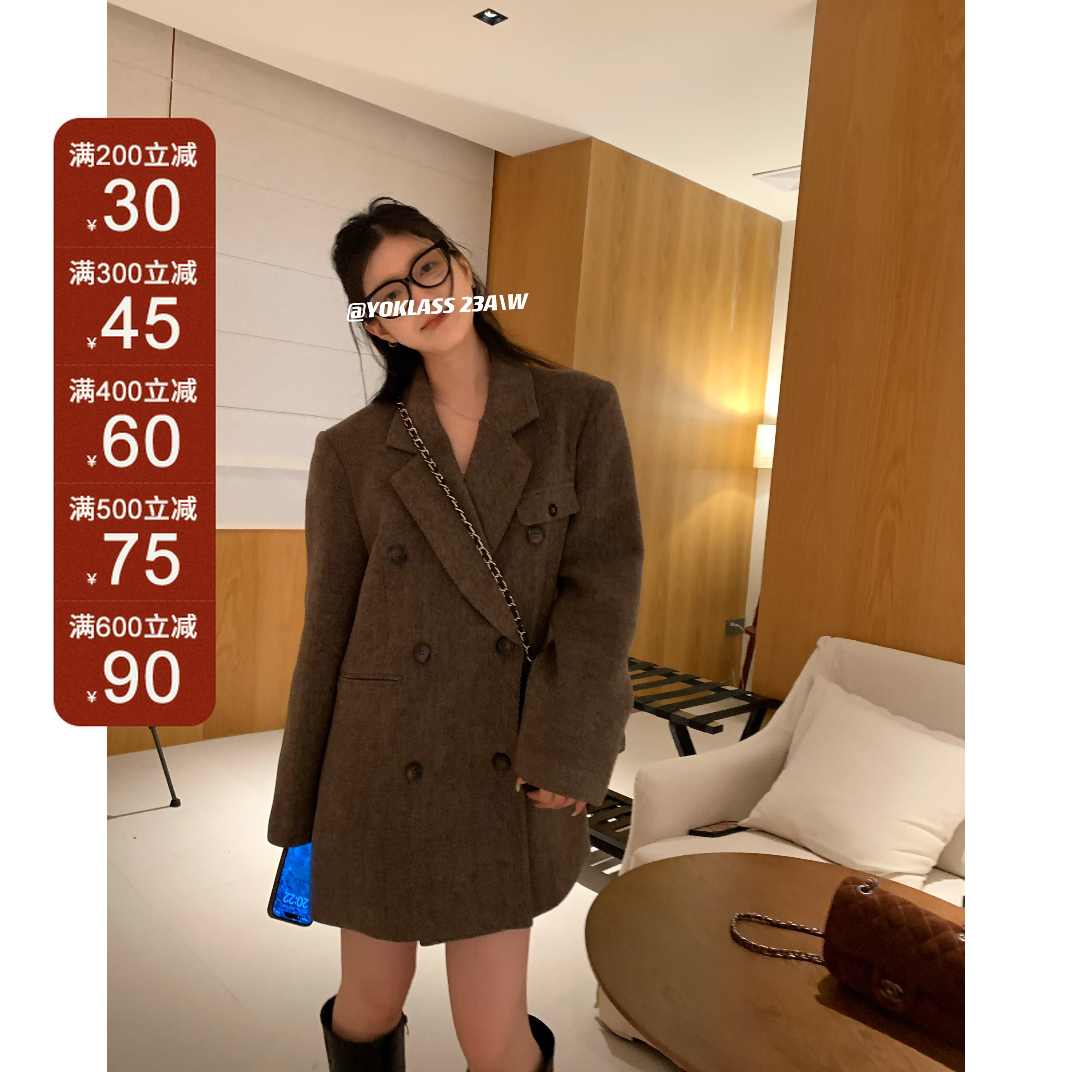 王少女的店【现现】咖色双排扣毛呢韩版外套复古秋冬上衣 N06926S33