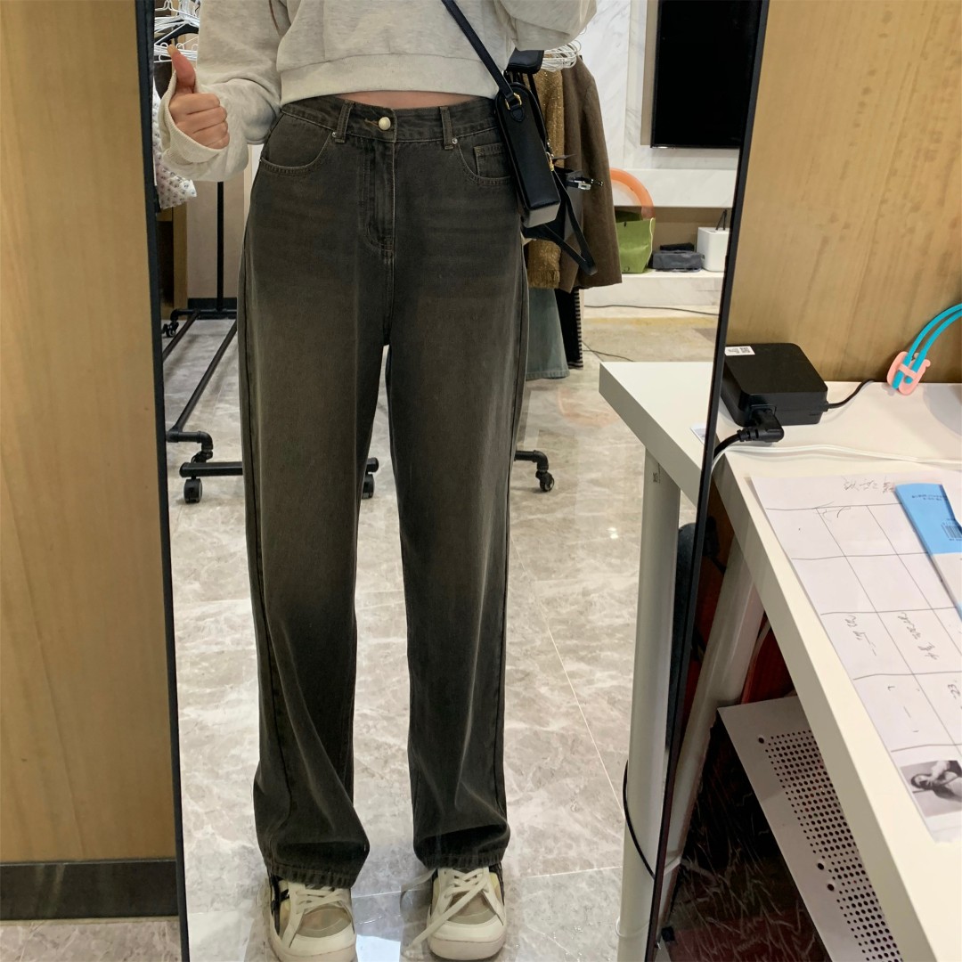 王少女的店 灰色高腰牛仔裤复古百搭直筒阔腿休闲长裤子 H1914S23